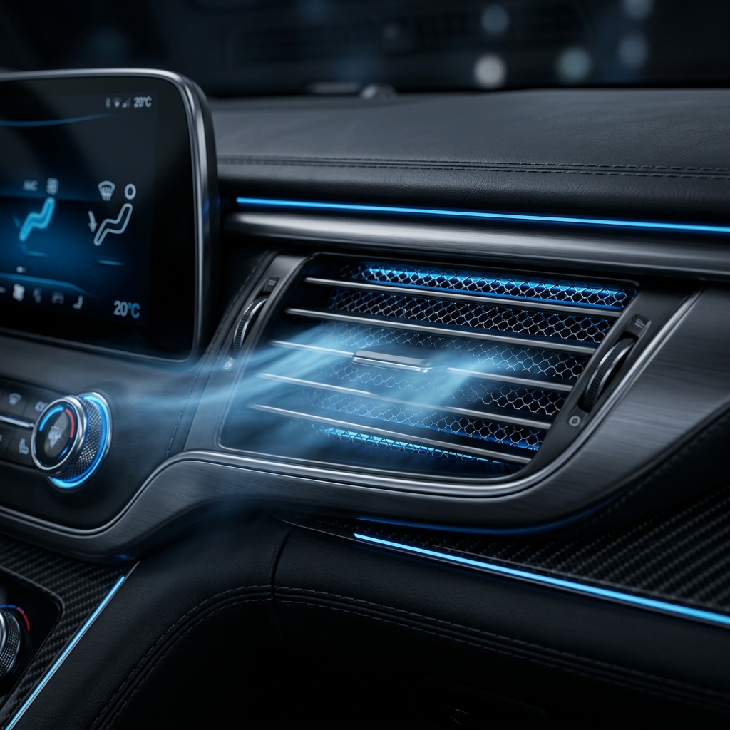 Detail ventilace na palubní desce automobilu s proudícím studeným vzduchem